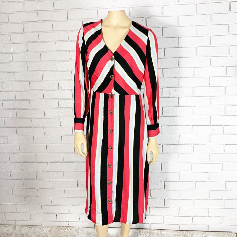 Wednesday's Girl Striped Button Down V-Neck Midi Dress Long Sleeve